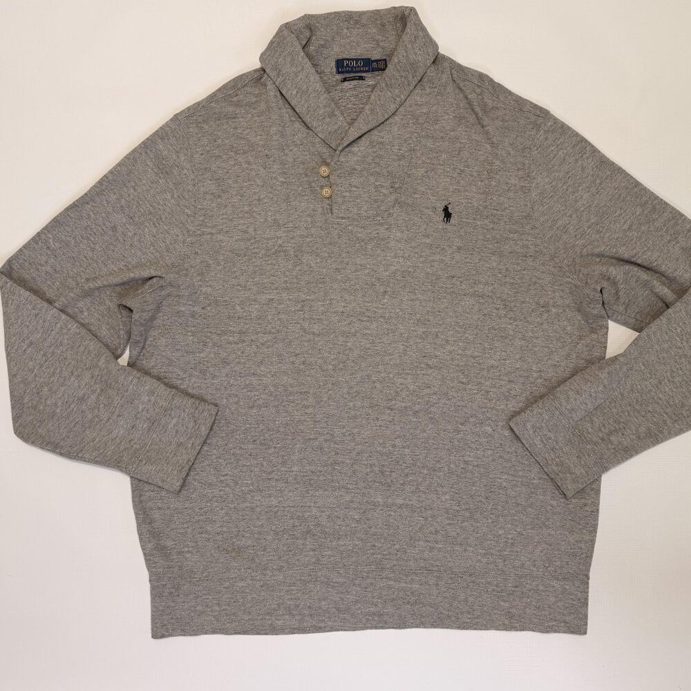 Polo Ralph Lauren Sweater Mens 2XL Gray Estate Rib Shawl Collar Cotton Pullover